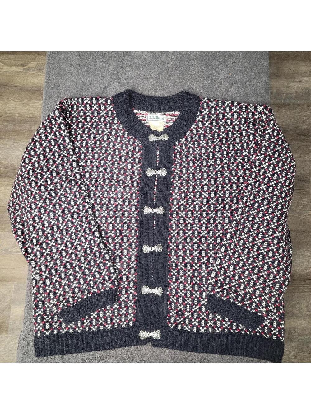 Vintage L.L. Bean Norwegian Wool Cardigan M Ornate Metal Clasps Navy Red White